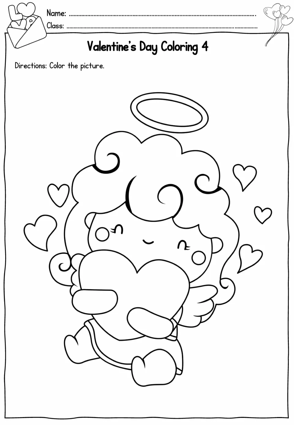 Coloring 4: students freely color a winged cupid with a halo hugging a large heart, surrounded by small hearts