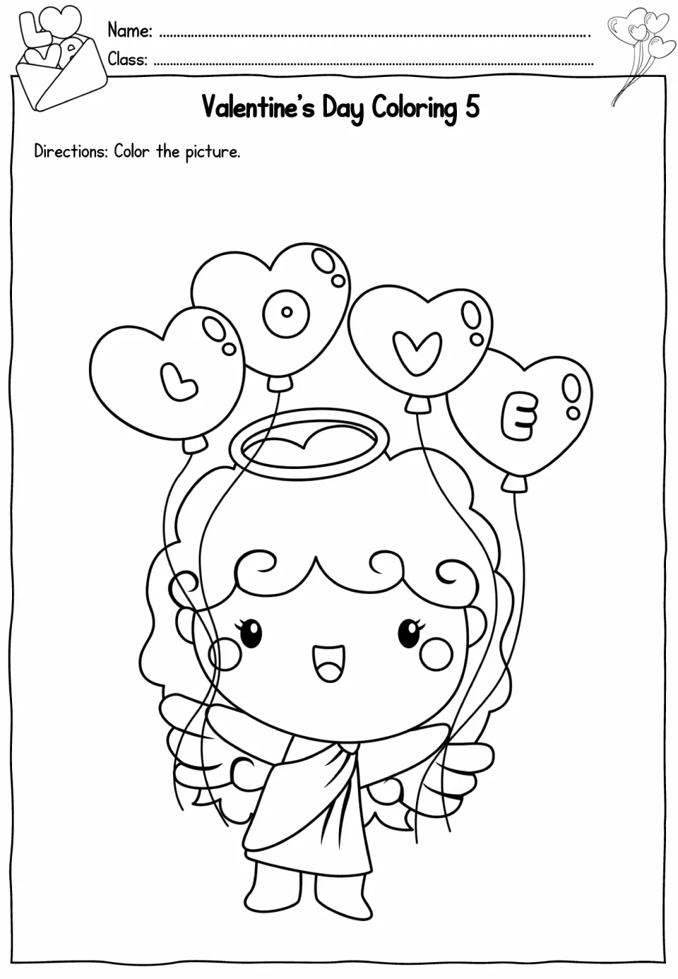 Coloring 5: students freely color a smiling angel holding four heart balloons that spell L-O-V-E