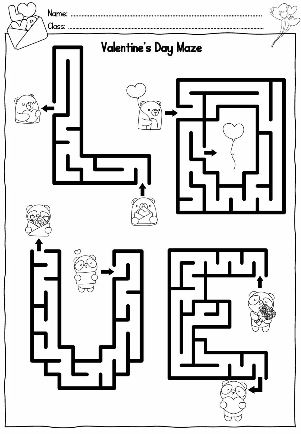 Valentine's Day Maze: students solve four mazes shaped like the letters L, O, V and E to guide bears and pandas