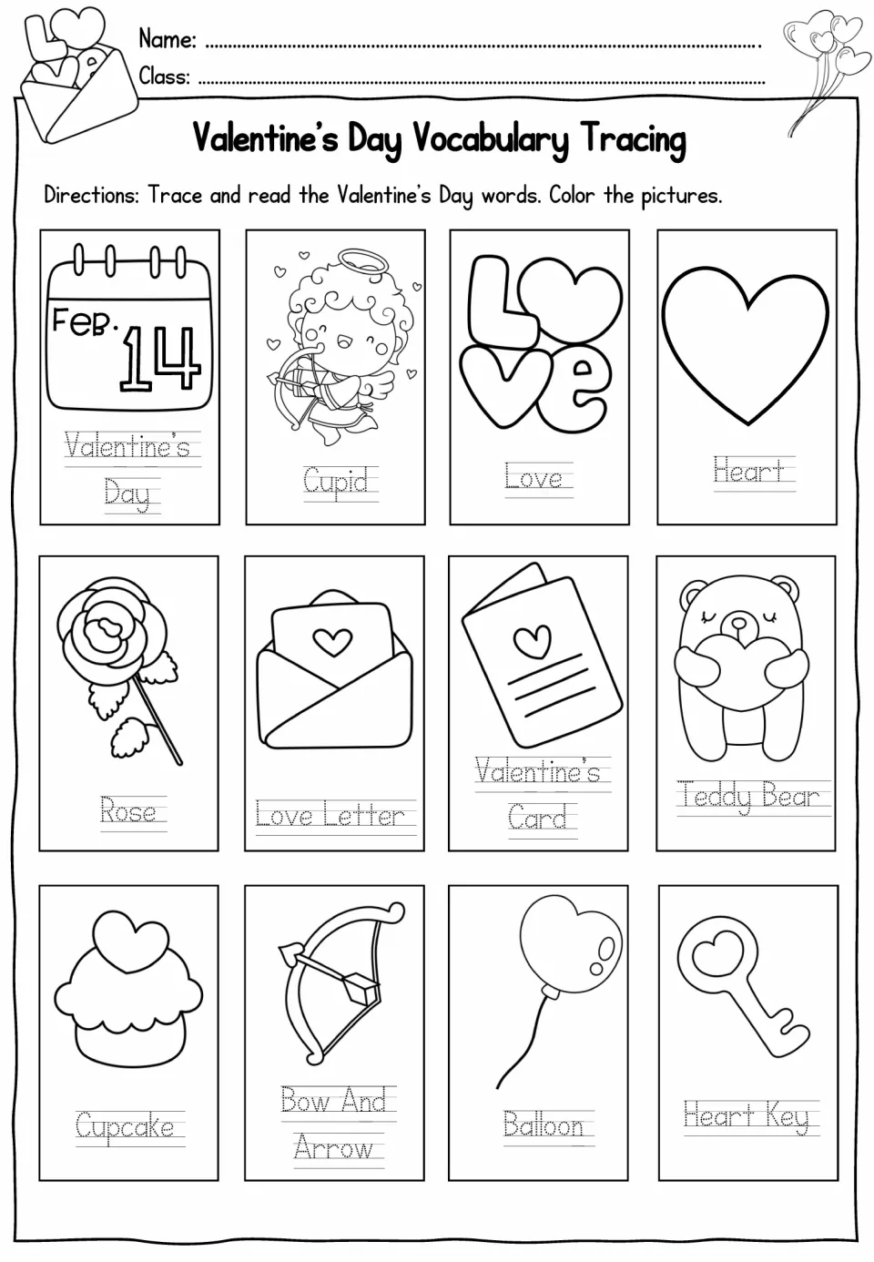 Vocabulary tracing: students trace and read 12 holiday words like Cupid, Love Letter and Heart Key, then color pictures
