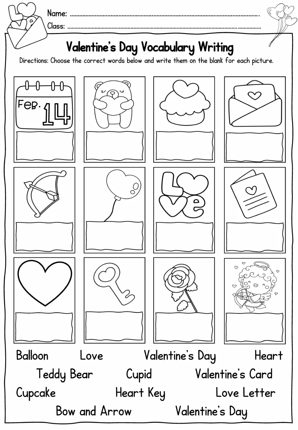 Vocabulary writing: students pick words like Teddy Bear and Cupcake from a bank to label each of 12 pictures