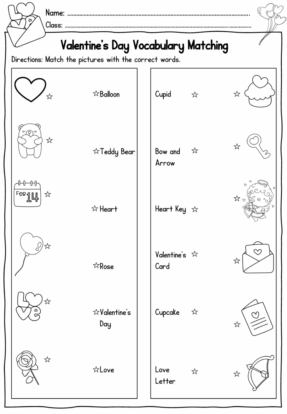 Vocabulary matching: students draw lines to match 12 pictures, like a key and a rose, to their holiday words