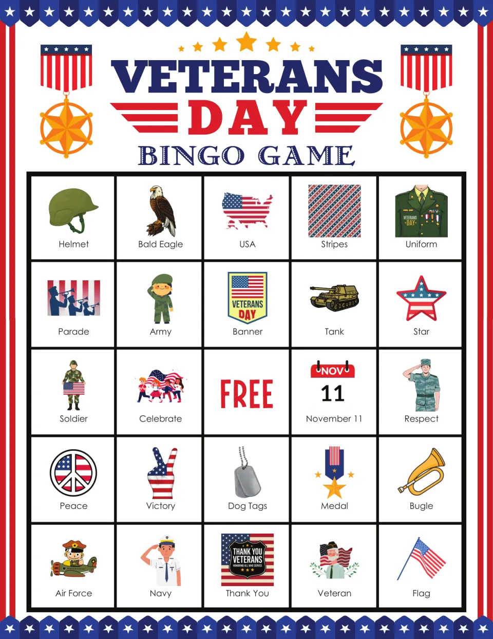 Bingo card 1 includes Helmet, Bald Eagle, USA, Stripes, Uniform and 19 more labeled pictures, plus FREE.