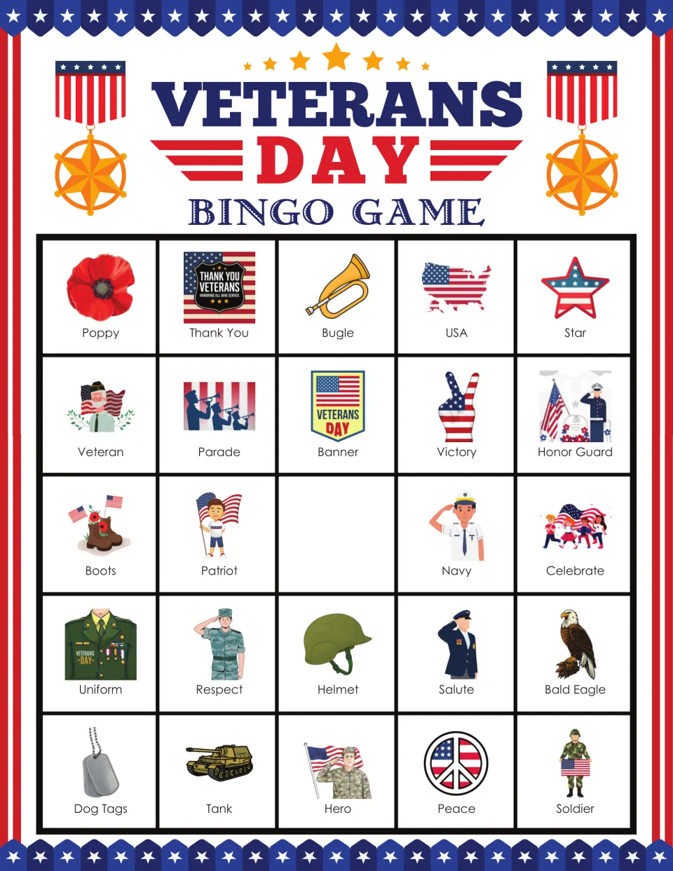 Bingo card 2 includes Poppy, Thank You, Bugle, USA and 20 more labeled pictures, with a blank center.