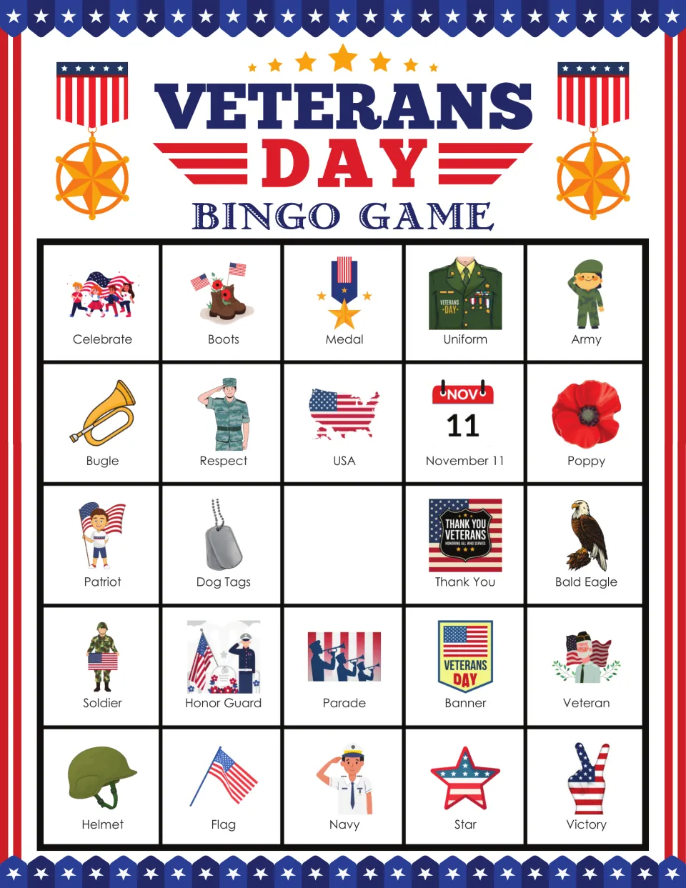 Bingo card 3 includes Celebrate, Boots, Medal, Uniform and 20 more labeled pictures, with a blank center.