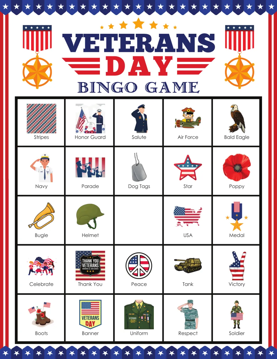 Bingo card 4 includes Stripes, Honor Guard, Salute, Air Force and 20 more pictures, with a blank center.