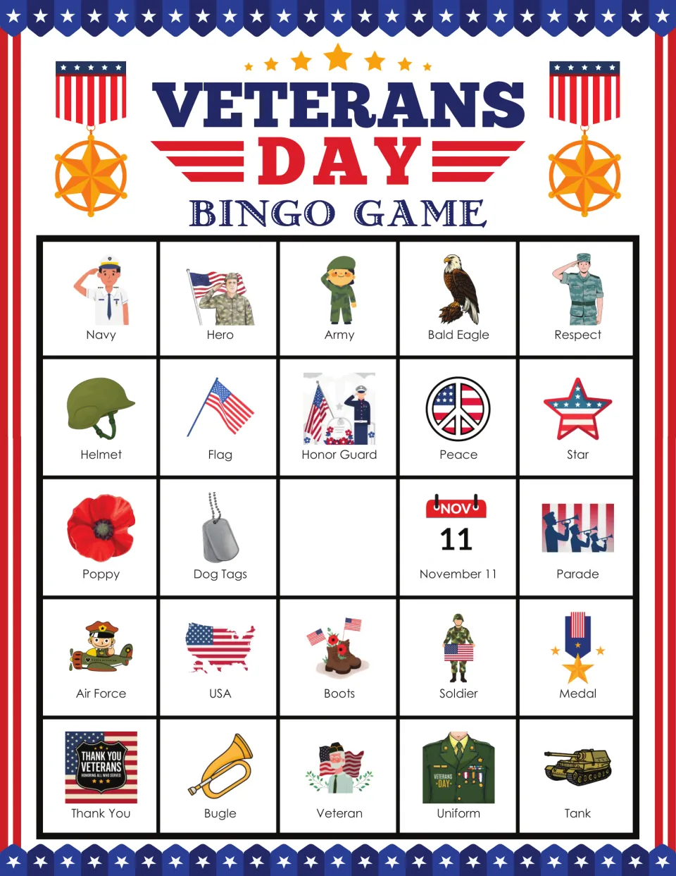 Bingo card 5 includes Navy, Hero, Army, Bald Eagle and 20 more labeled pictures, with a blank center.