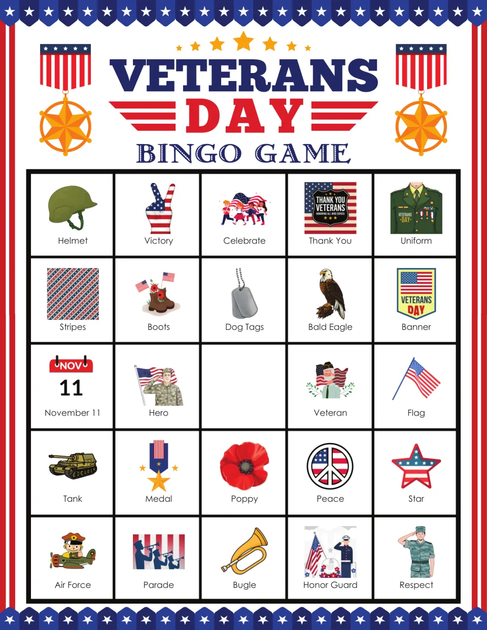 Bingo card 6 includes Helmet, Victory, Celebrate, Thank You and 20 more pictures, with a blank center.