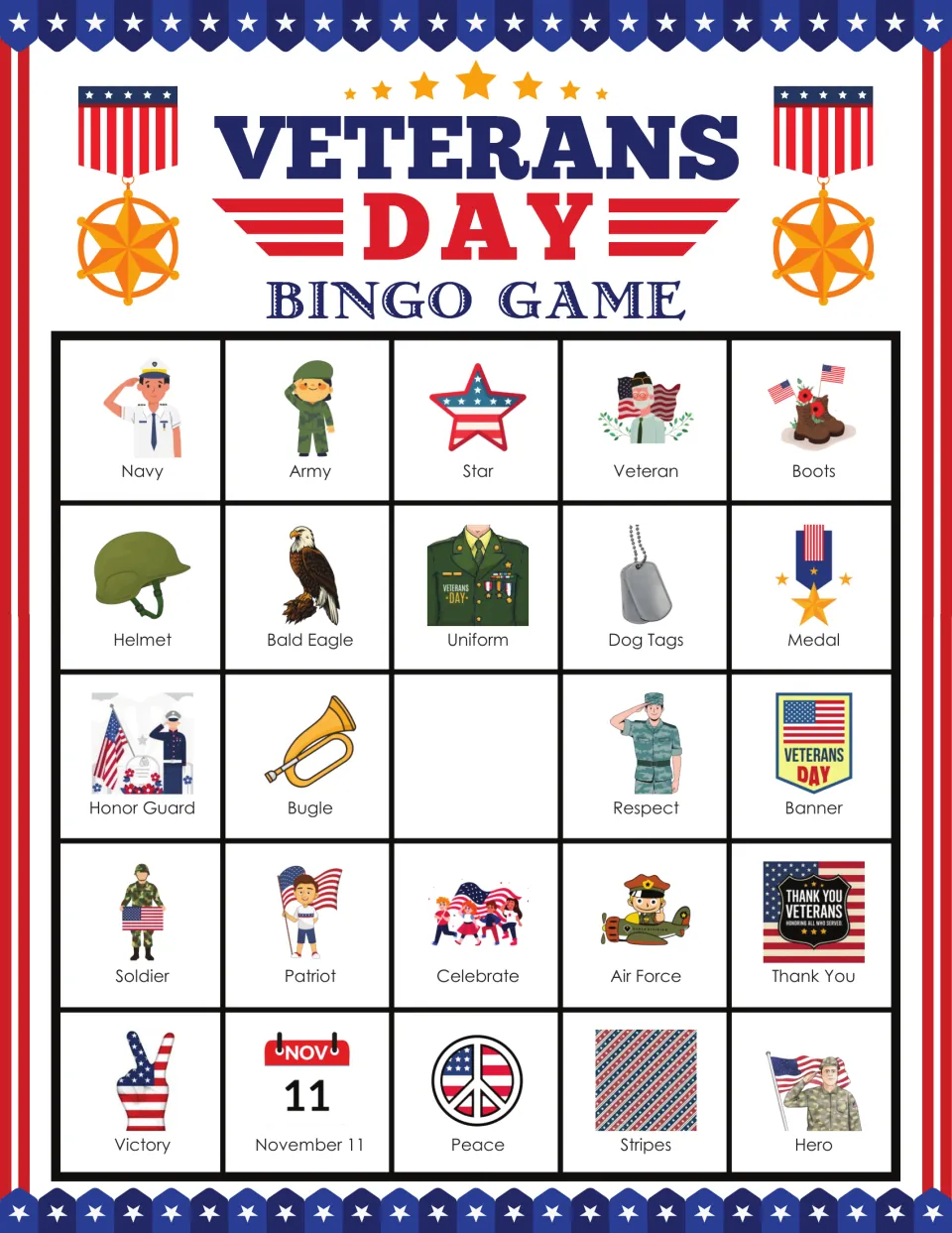 Bingo card 7 includes Navy, Army, Star, Veteran and 20 more labeled pictures, with a blank center.