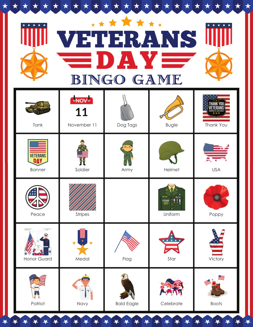 Bingo card 8 includes Tank, November 11, Dog Tags, Bugle and 20 more pictures, with a blank center.