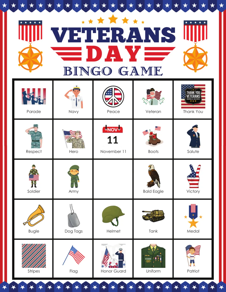 Bingo card 9 includes Parade, Navy, Peace, Veteran and 20 more labeled pictures, with a blank center.