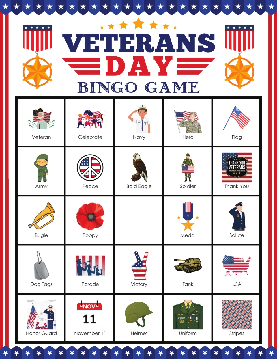 Bingo card 10 includes Veteran, Celebrate, Navy, Hero and 20 more labeled pictures, with a blank center.