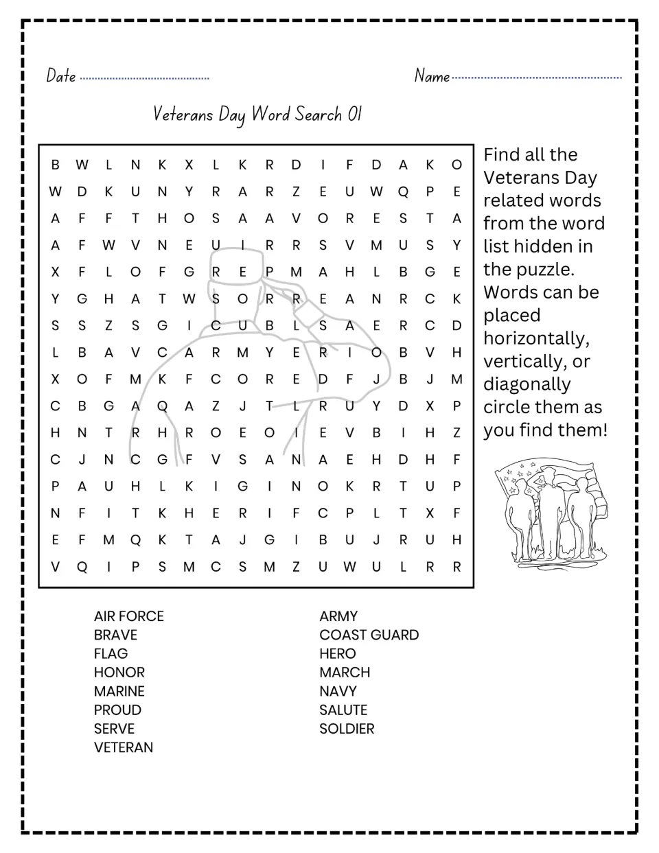 Veterans Day Word Search 01: students find and circle 15 words like army, navy, salute and hero hidden in the puzzle