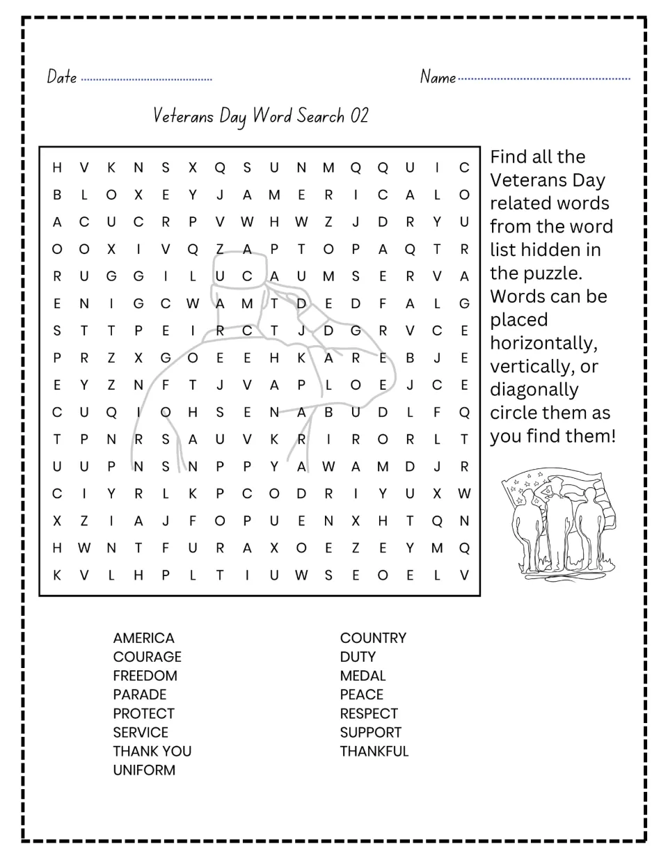 Veterans Day Word Search 02: students circle 15 hidden words such as freedom, courage, medal, uniform and thank you
