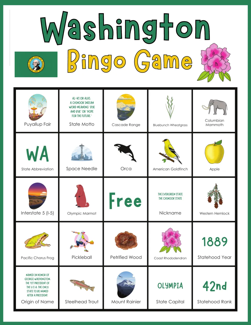 Washington bingo board 1: Puyallup Fair, State Motto, Cascade Range, Bluebunch Wheatgrass, and a free space.