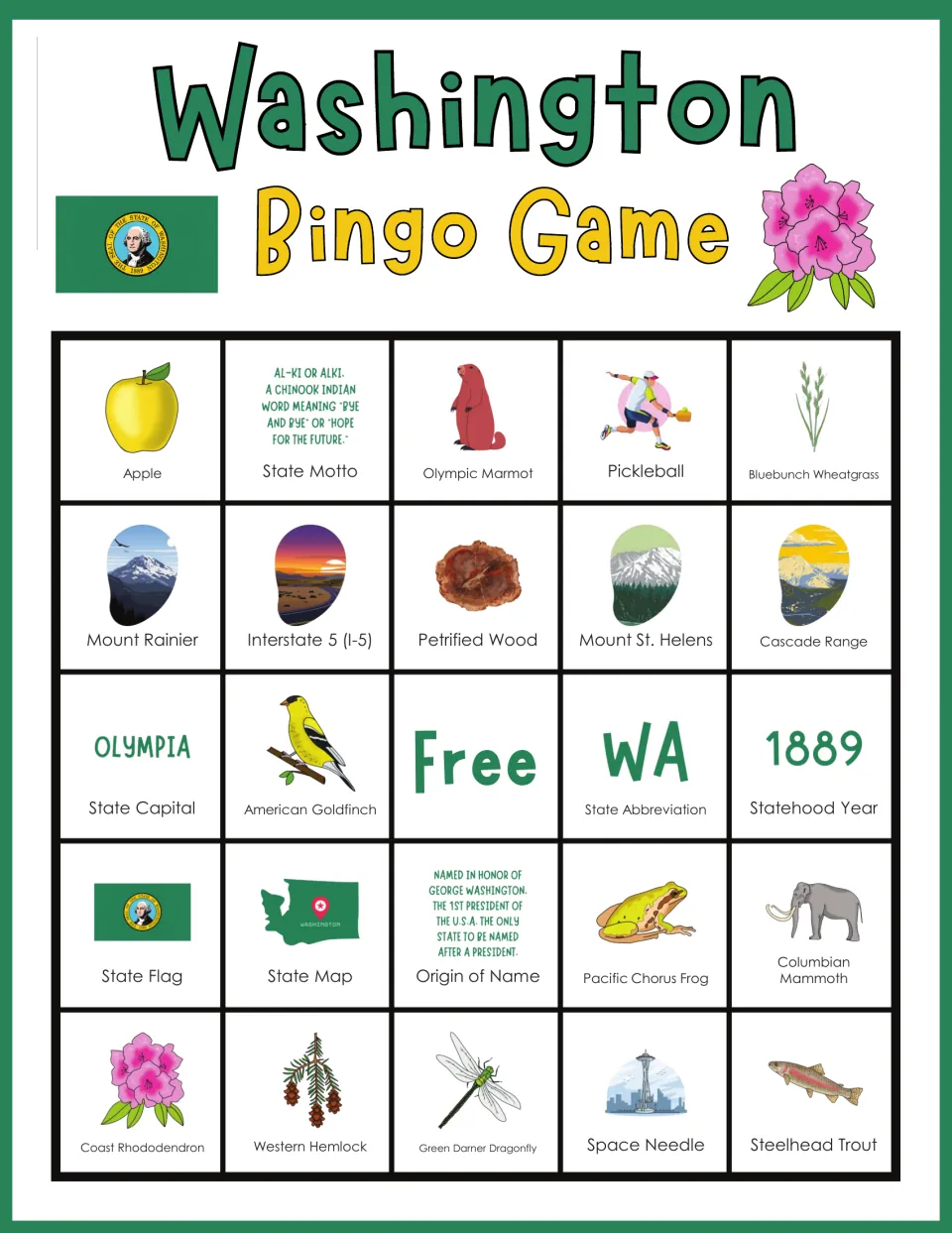 Washington bingo board 2: Apple, Olympic Marmot, Pickleball, Mount St. Helens, State Flag, and a free space.