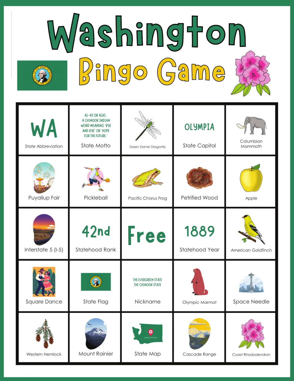Washington bingo board 3: WA, Olympia, Green Darner Dragonfly, Square Dance, State Map, and a free space.
