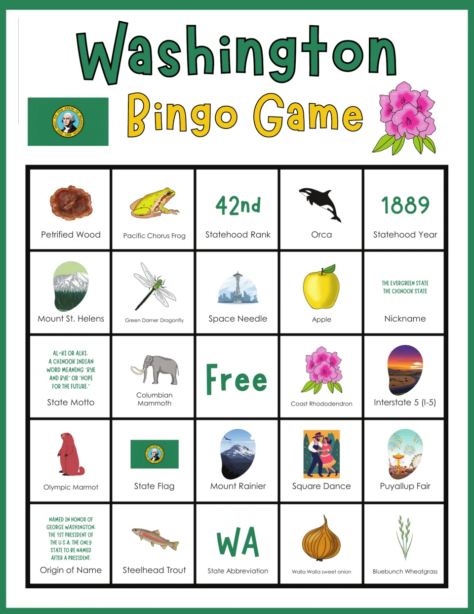 Washington bingo board 4: Petrified Wood, Pacific Chorus Frog, 42nd, Orca, 1889, and a free center space.