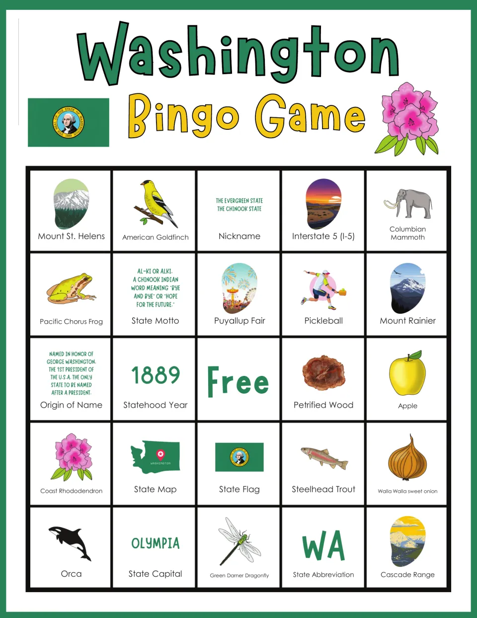 Washington bingo board 5: Mount St. Helens, American Goldfinch, Nickname, Interstate 5, and a free space.