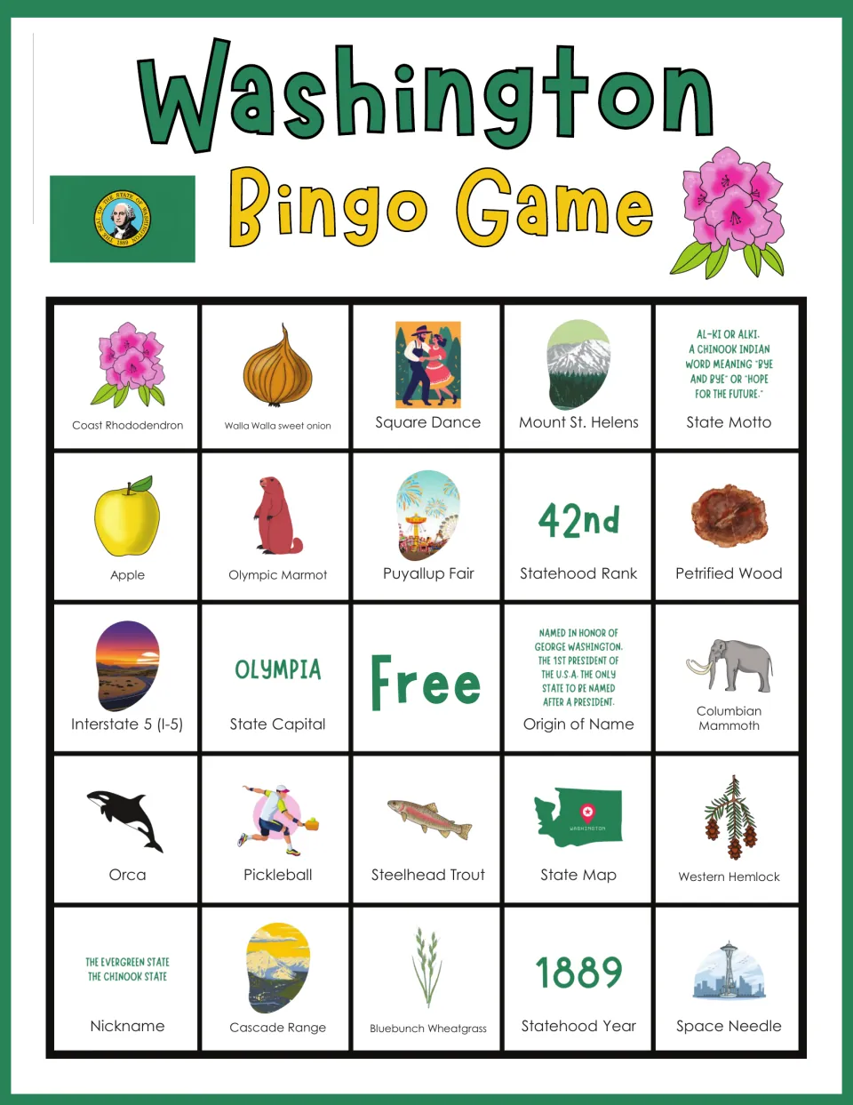Washington bingo board 6: Coast Rhododendron, Walla Walla sweet onion, Square Dance, and a free space.