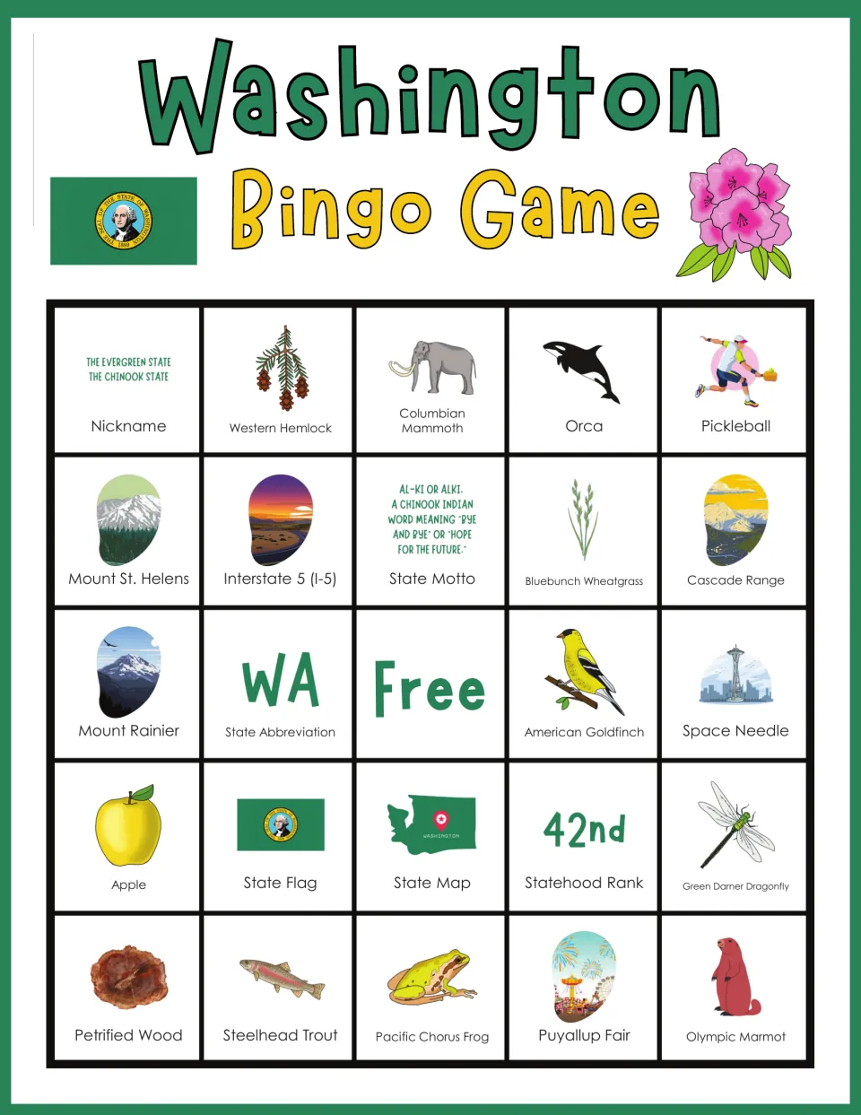Washington bingo board 7: Nickname, Western Hemlock, Columbian Mammoth, Orca, Pickleball, and a free space.
