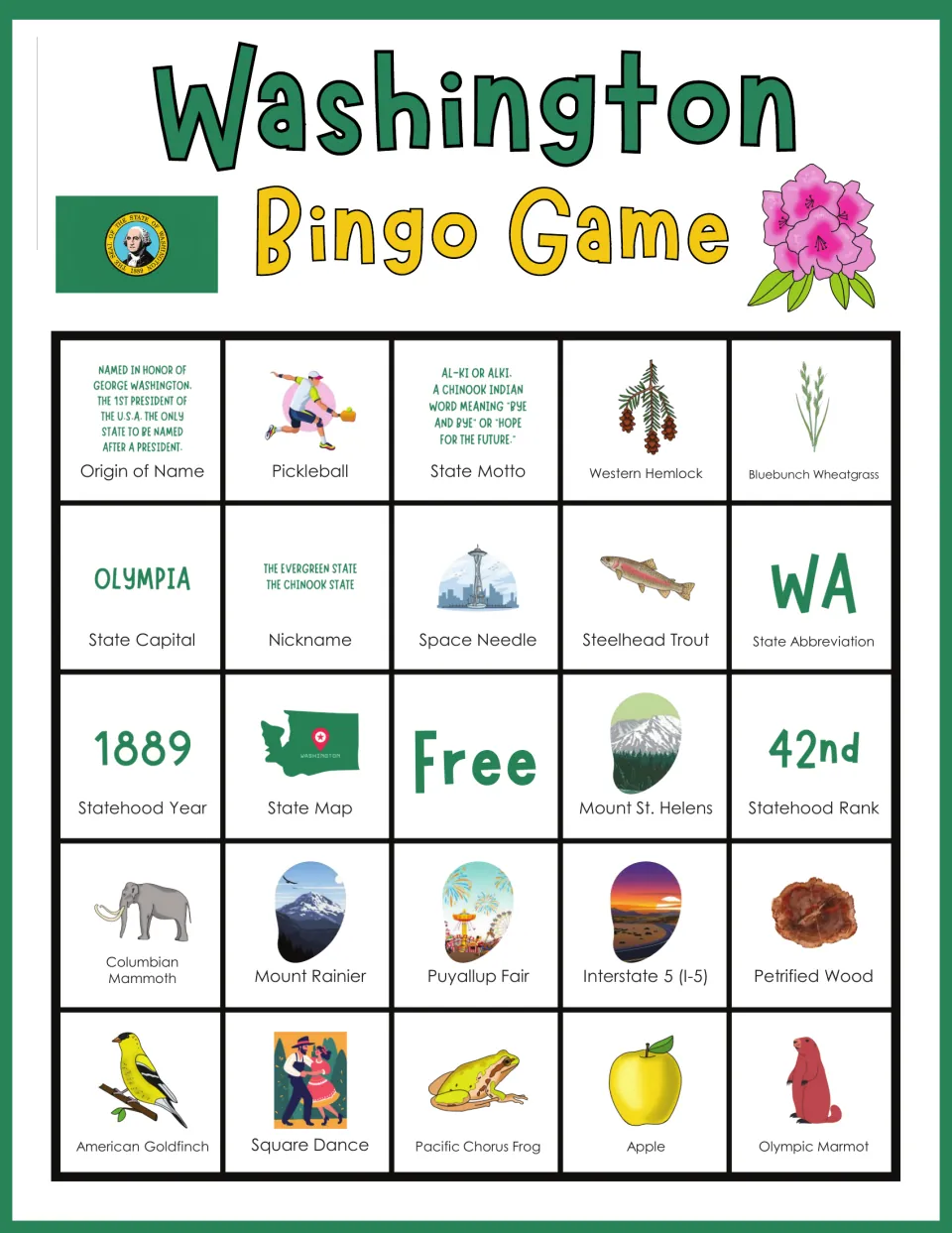 Washington bingo board 8: Origin of Name, Pickleball, State Motto, Western Hemlock, and a free space.