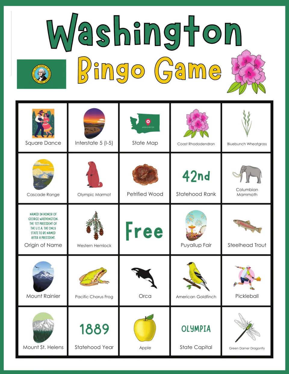 Washington bingo board 9: Square Dance, Interstate 5, State Map, Coast Rhododendron, and a free space.