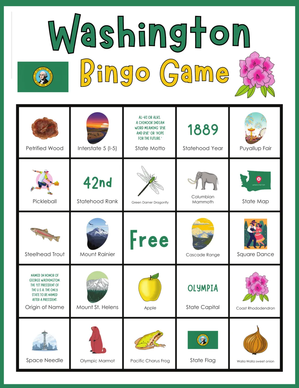 Washington bingo board 10: Petrified Wood, Interstate 5, State Motto, 1889, Puyallup Fair, and a free space.