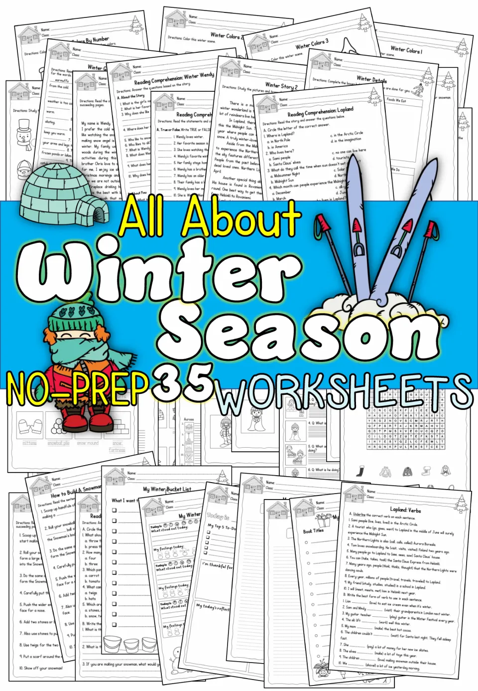 Cover of the winter ELA packet showing sample activities and announcing 35 no-prep winter worksheets