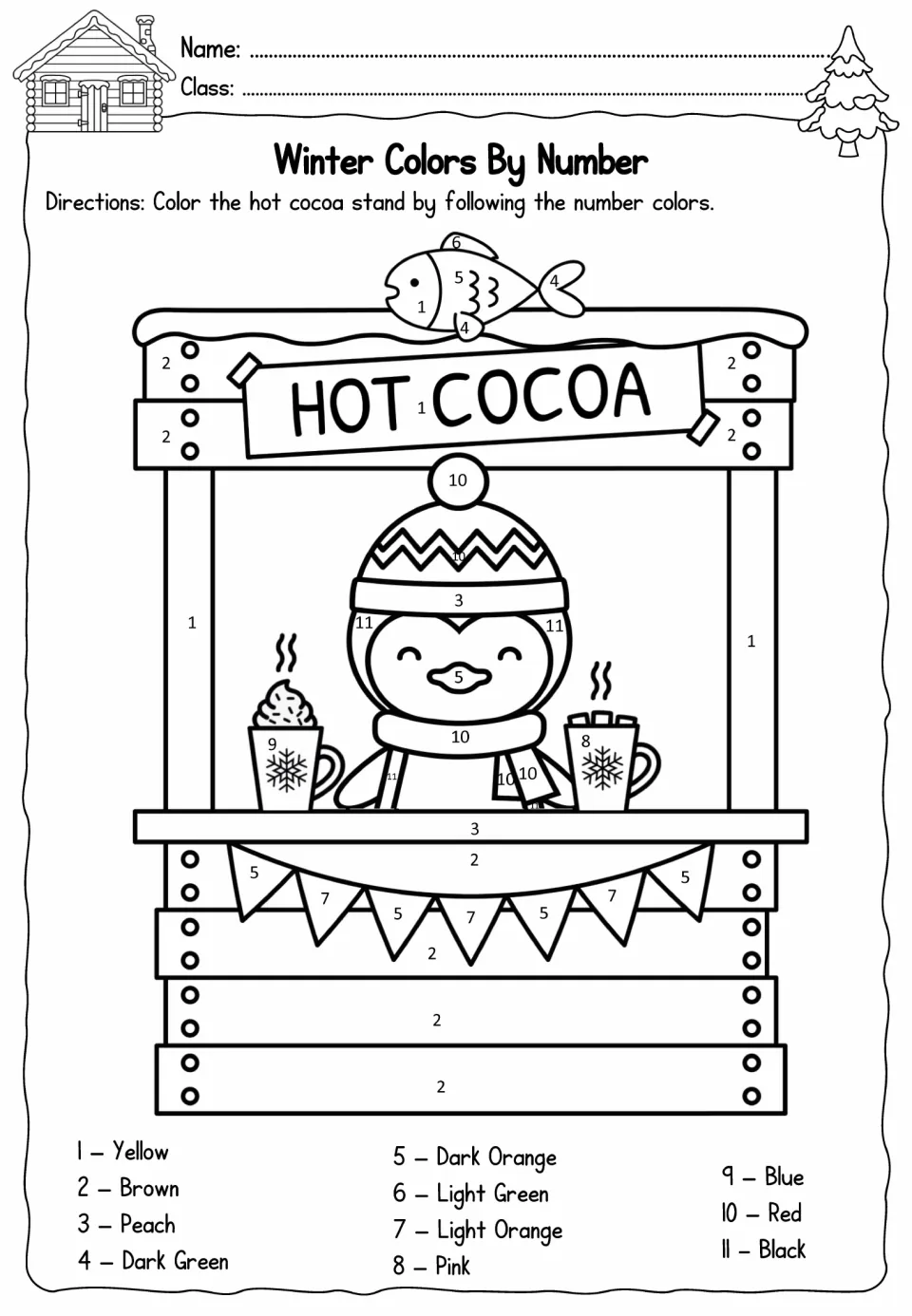 Winter color-by-number activity featuring a penguin at a hot cocoa stand and a key for numbers 1–11