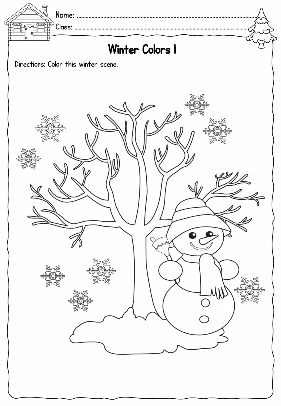 Winter Colors 1 coloring activity showing a snowman wearing a hat and scarf beside a bare tree and snowflakes