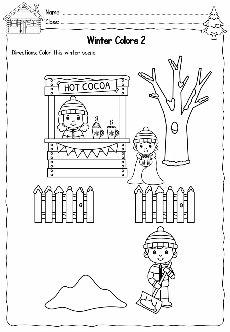 Winter Colors 2 coloring activity showing a hot cocoa stand, a child holding a mug, and a child shoveling snow