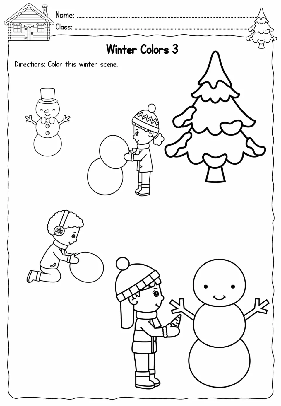 Winter Colors 3 coloring activity showing children rolling snowballs and building snowmen near a snowy evergreen