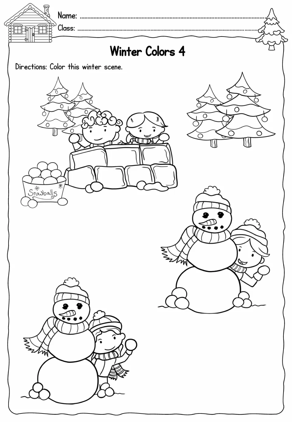 Winter Colors 4 coloring activity showing children behind a snow fort and snowmen, with a bucket of snowballs