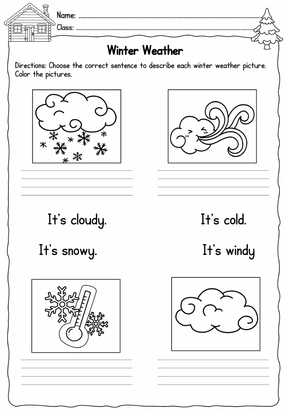 Winter Weather activity asks students to match snowy, windy, cold, and cloudy sentences to pictures and color them