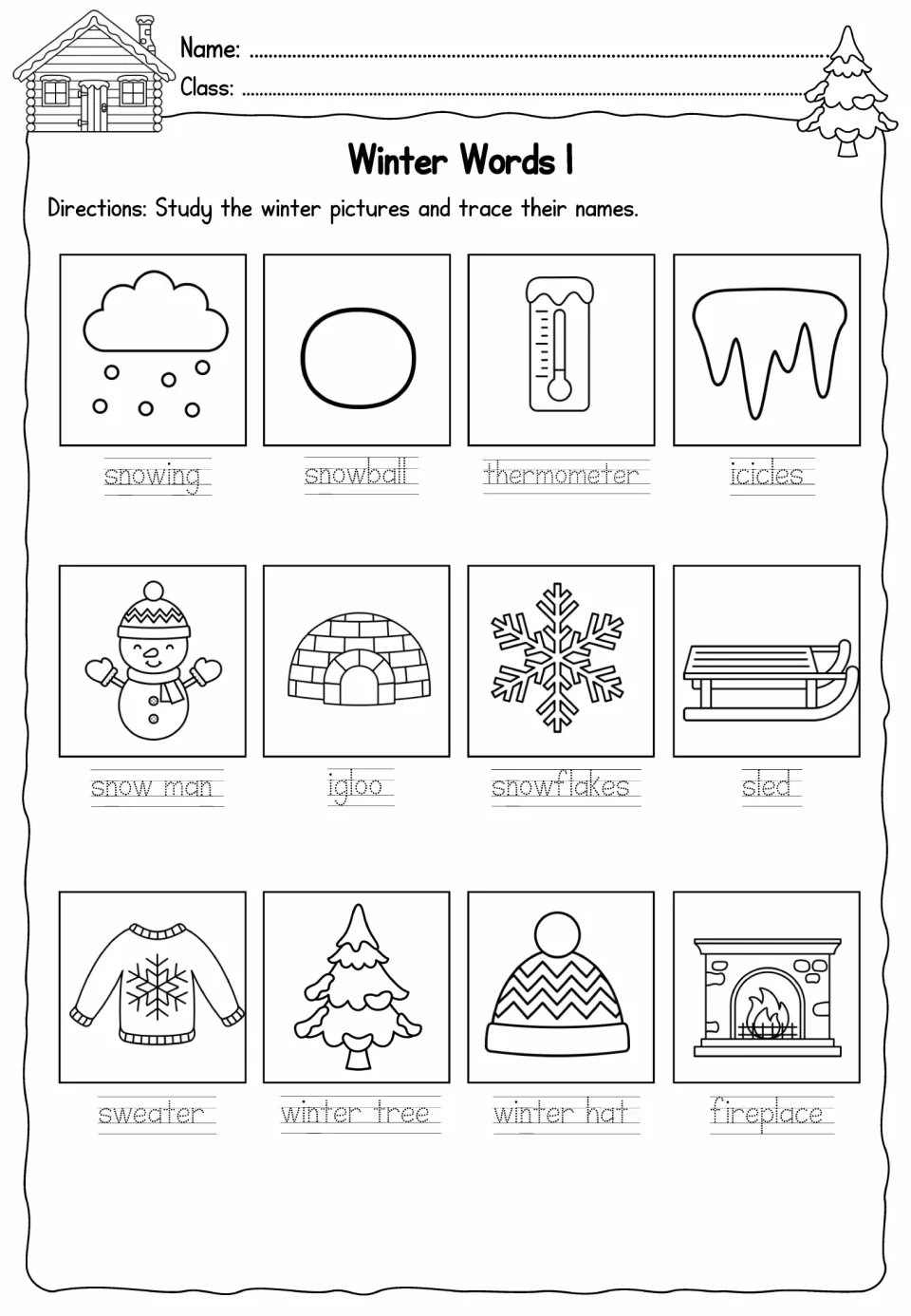 Winter Words 1 vocabulary activity asks students to trace 12 picture names, including igloo, sled, and fireplace