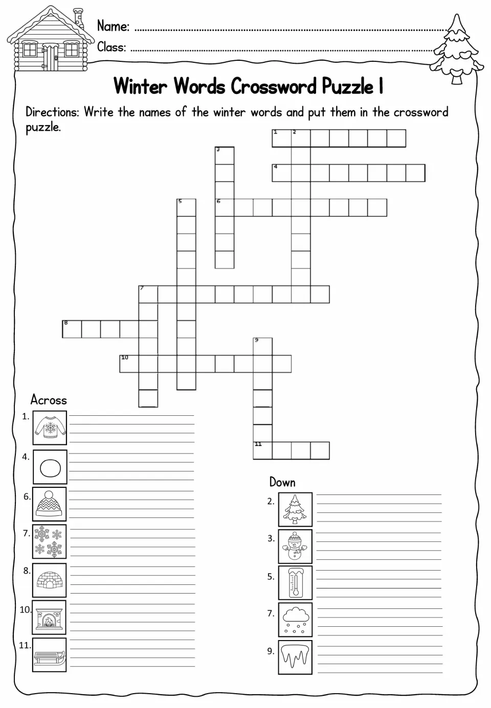 Winter Words Crossword Puzzle 1 uses 12 picture clues, including sweater, snowball, winter hat, and icicles