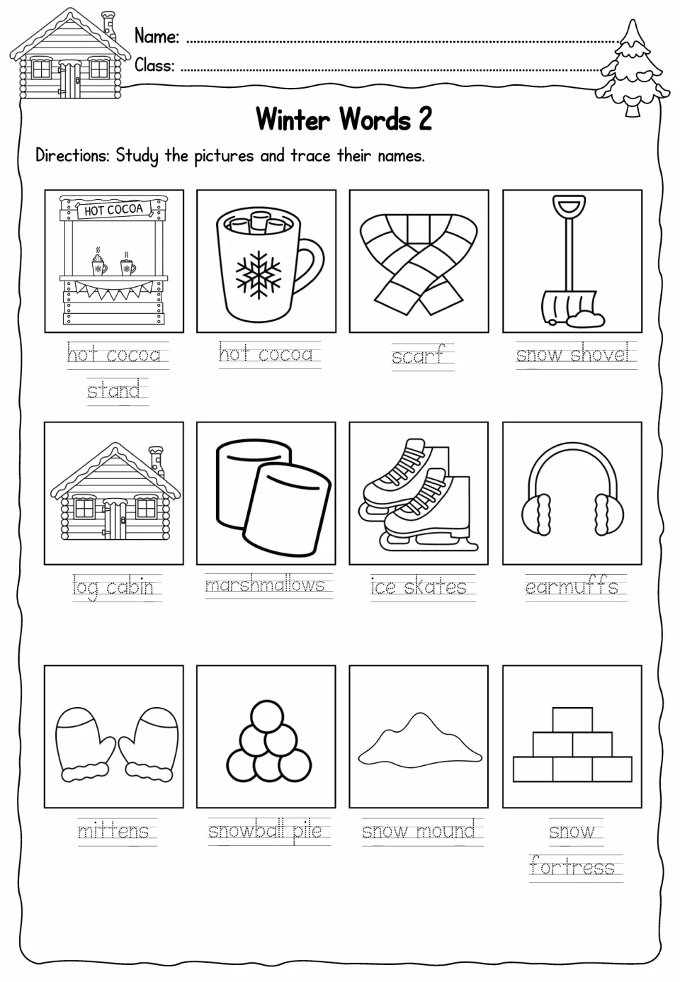 Winter Words 2 vocabulary activity asks students to trace 12 picture names, including scarf, mittens, and ice skates