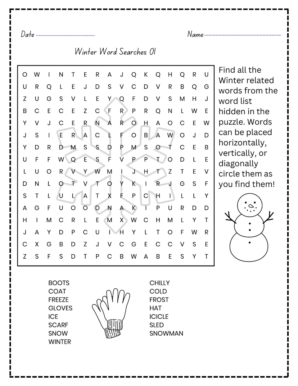 Winter word search 1 of 2: find 15 words, including boots, coat, freeze, gloves, ice, scarf, and snow.