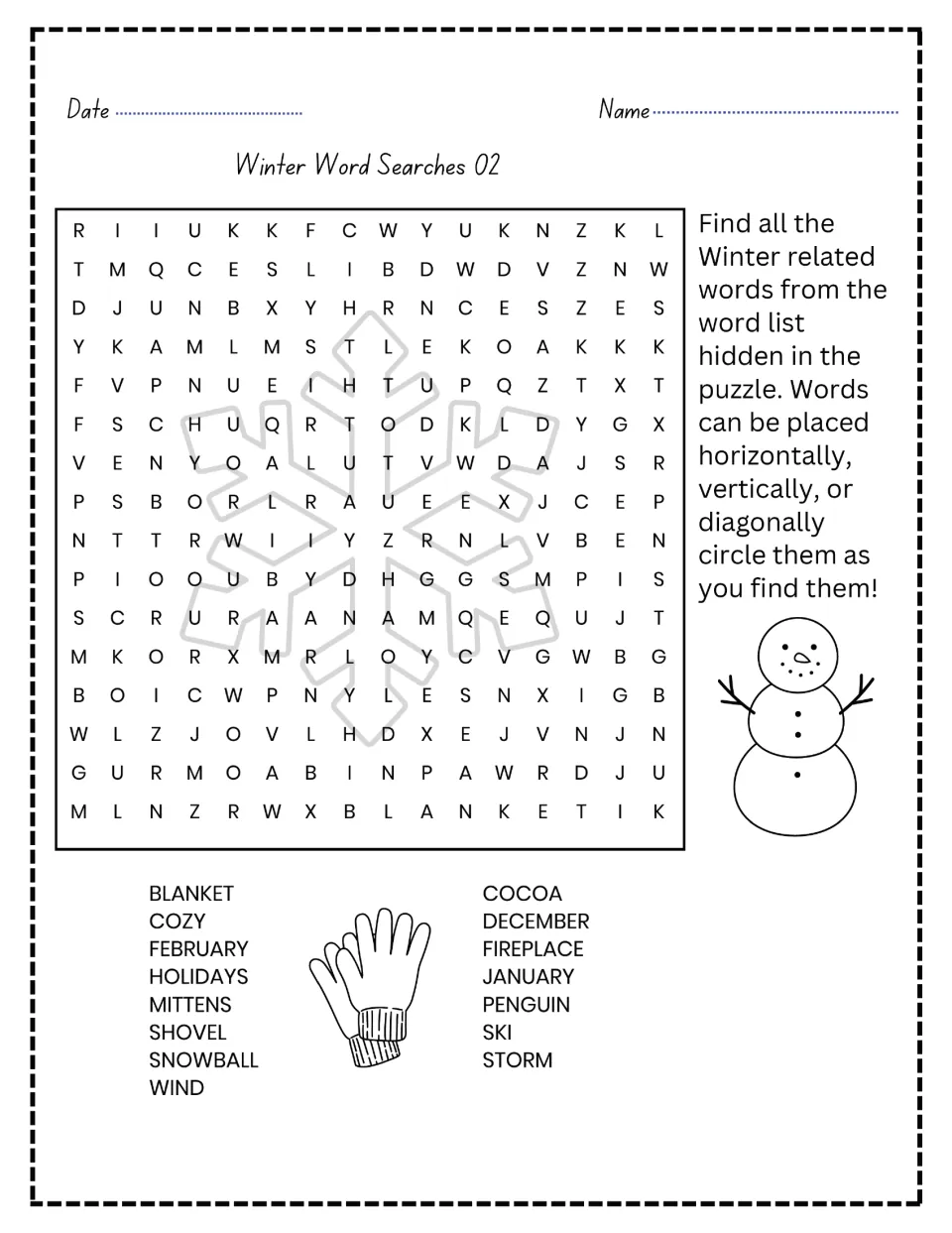 Winter word search 2 of 2: find 15 words, including blanket, cocoa, December, February, and fireplace.