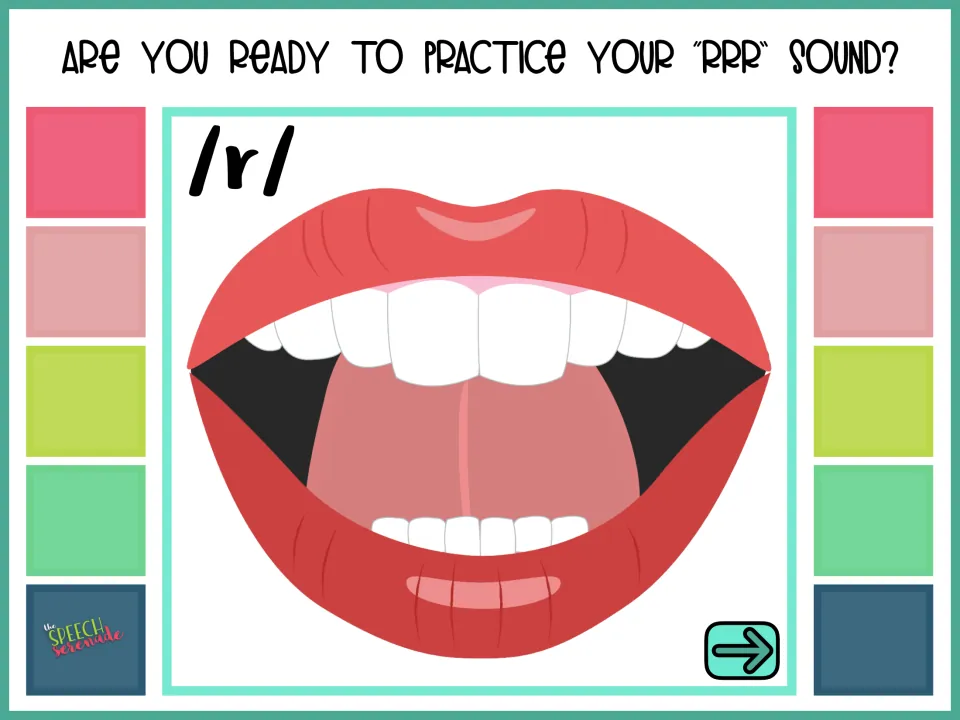 R sound practice cover: "Are you ready to practice your RRR sound?" with an open-mouth /r/ diagram
