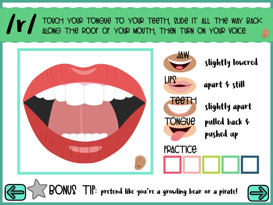 /r/ placement cues: tongue slides back along the roof, jaw lowered, lips apart and still; 5 practice trials