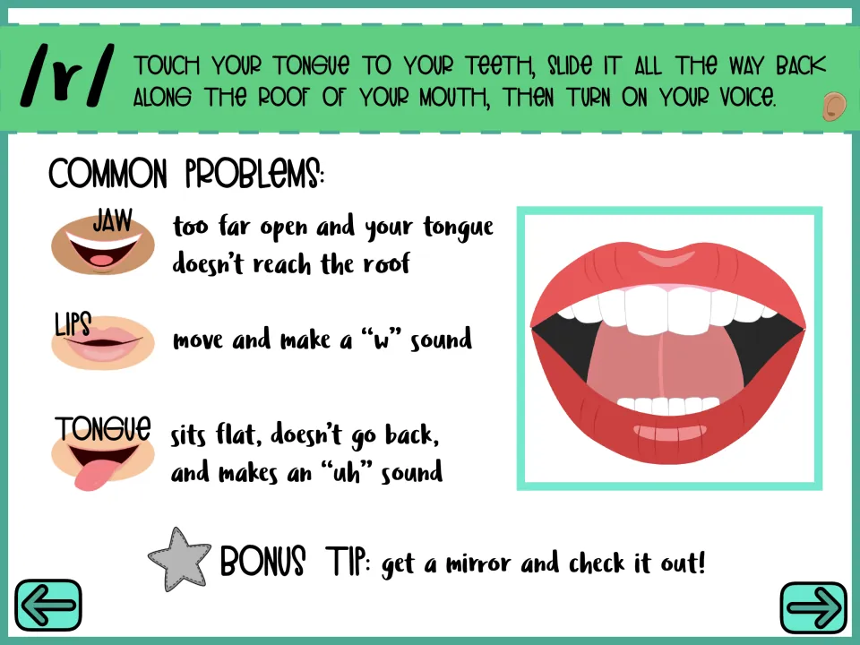 Common /r/ errors: jaw too open, lips making a "w" sound, tongue flat making an "uh" sound, plus a mirror check tip