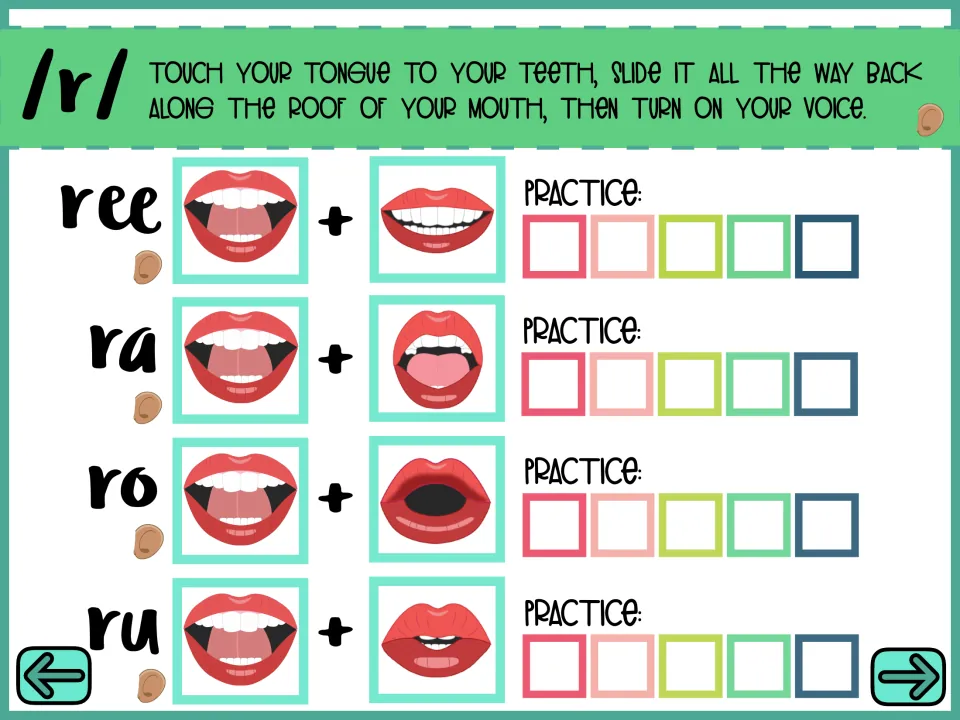 Prevocalic /r/ syllable drill: blend r with vowels to say ree, ra, ro and ru, with 5 practice trials for each