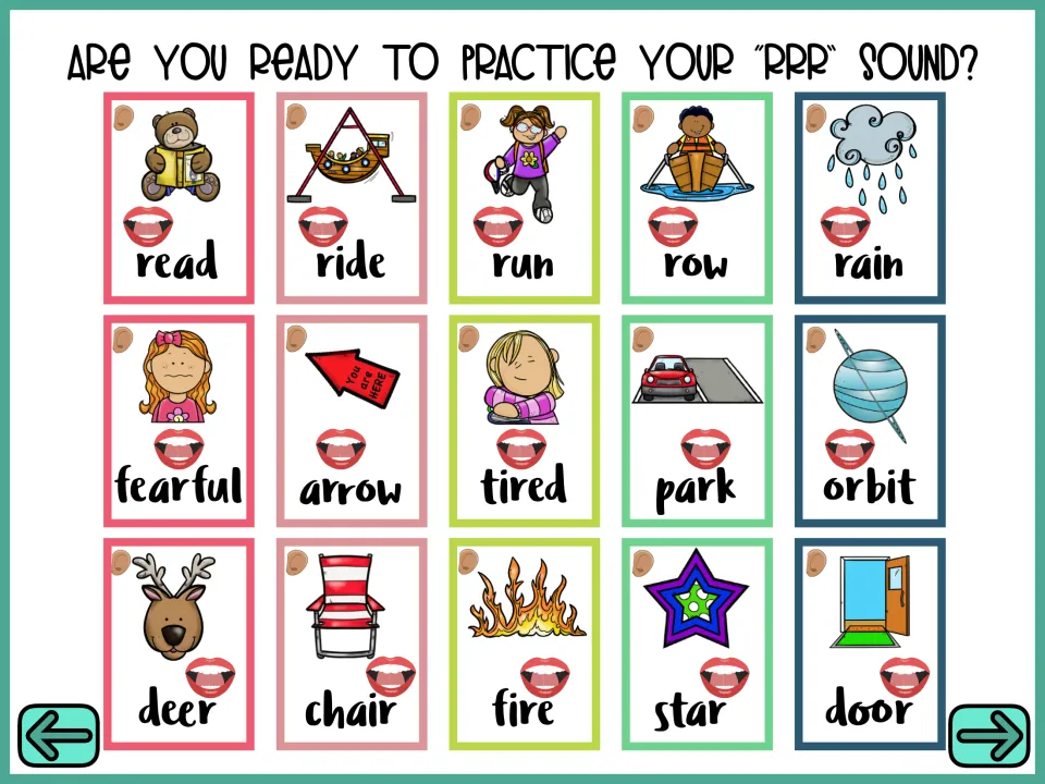 R word practice: 15 picture cards to say in initial, medial and final positions, from read and rain to star and door