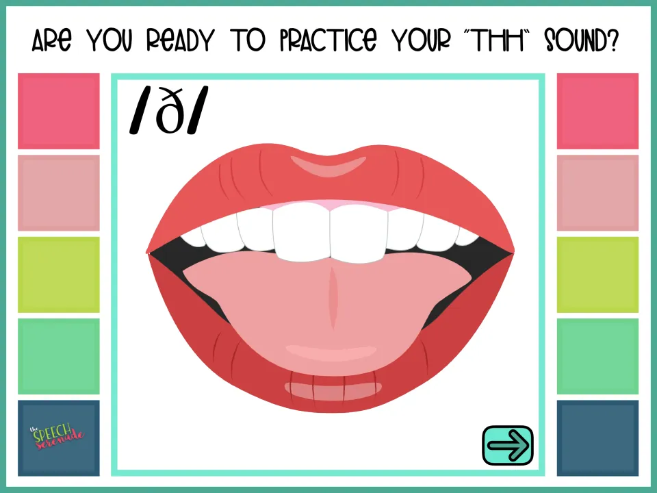 Voiced TH /ð/ home articulation cover asking Are you ready to practice your THH sound? beside a tongue-out mouth