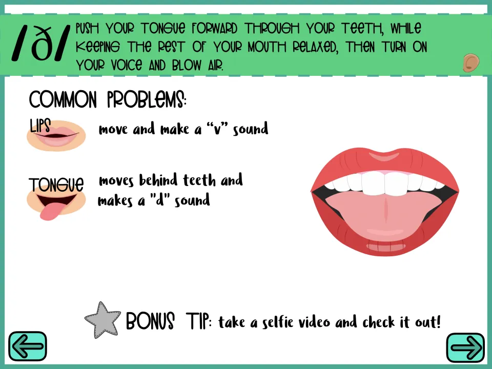 Common /ð/ errors: lips moving into a v sound and tongue behind teeth making a d sound, plus a selfie video tip