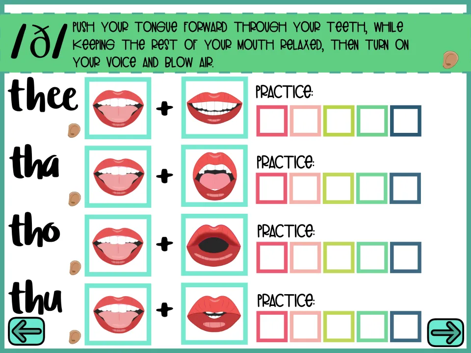Syllable blending for voiced TH: students join /ð/ with vowels to say thee, tha, tho and thu, five practice tries each