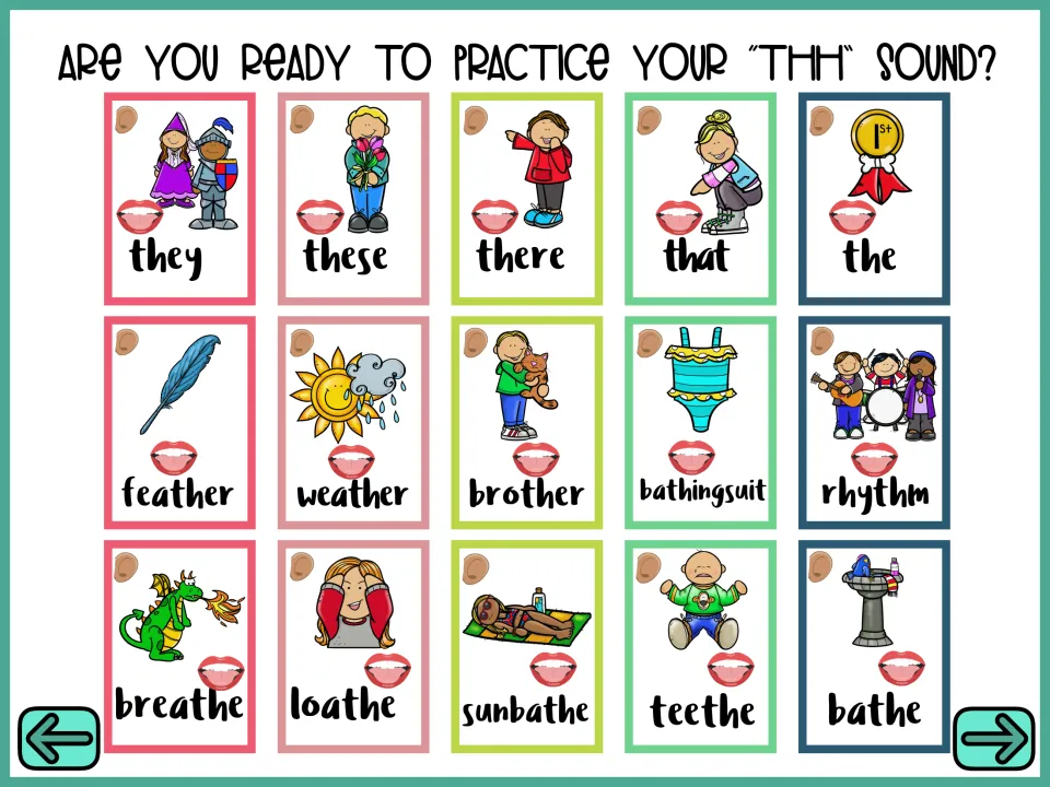 Voiced TH word cards: say 15 pictured words like they, the, feather, brother, rhythm, breathe and bathe in each position