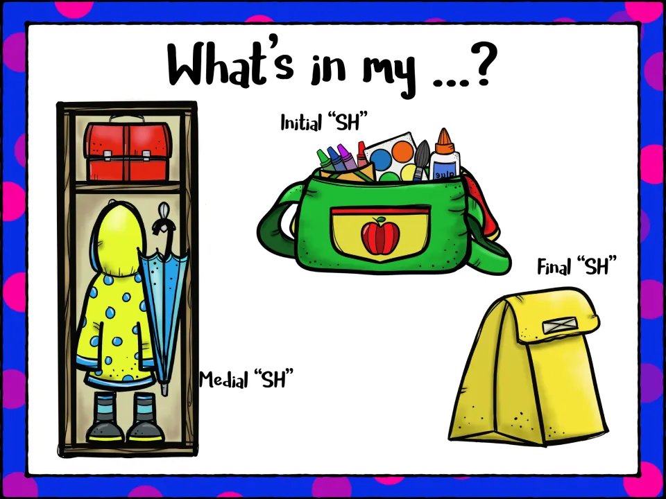 What's in my...? menu: students pick the satchel for initial SH, the locker for medial SH or the lunch bag for final SH